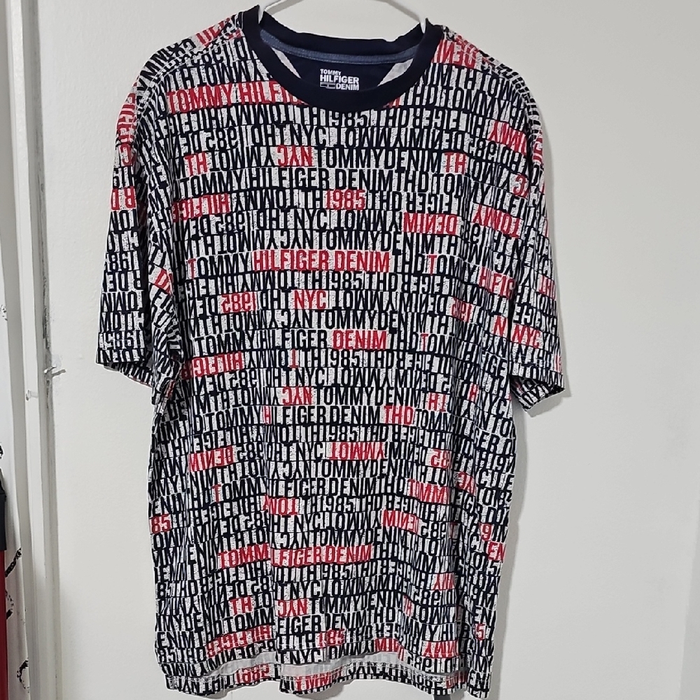 Tommy Hilfiger Denim All Over Men's Logo Print T-Shirt - Red, White, and Black